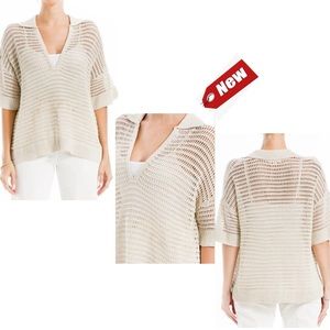 MAX STUDIO V-neck Knit Sheer Polo Sweater In Oyster-oyster Sz S NWT
